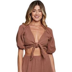 NEW SUNDAY RITUAL cleo tie front top in brown